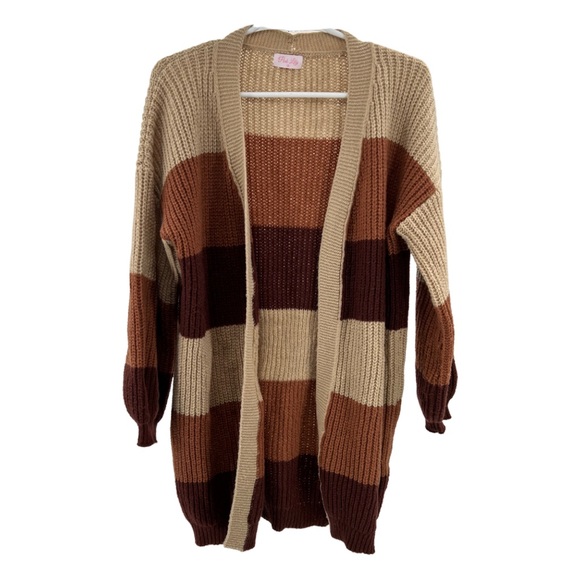 Pink Lily brown striped long open front cardigan neutral fall M  casual knit - Picture 1 of 8